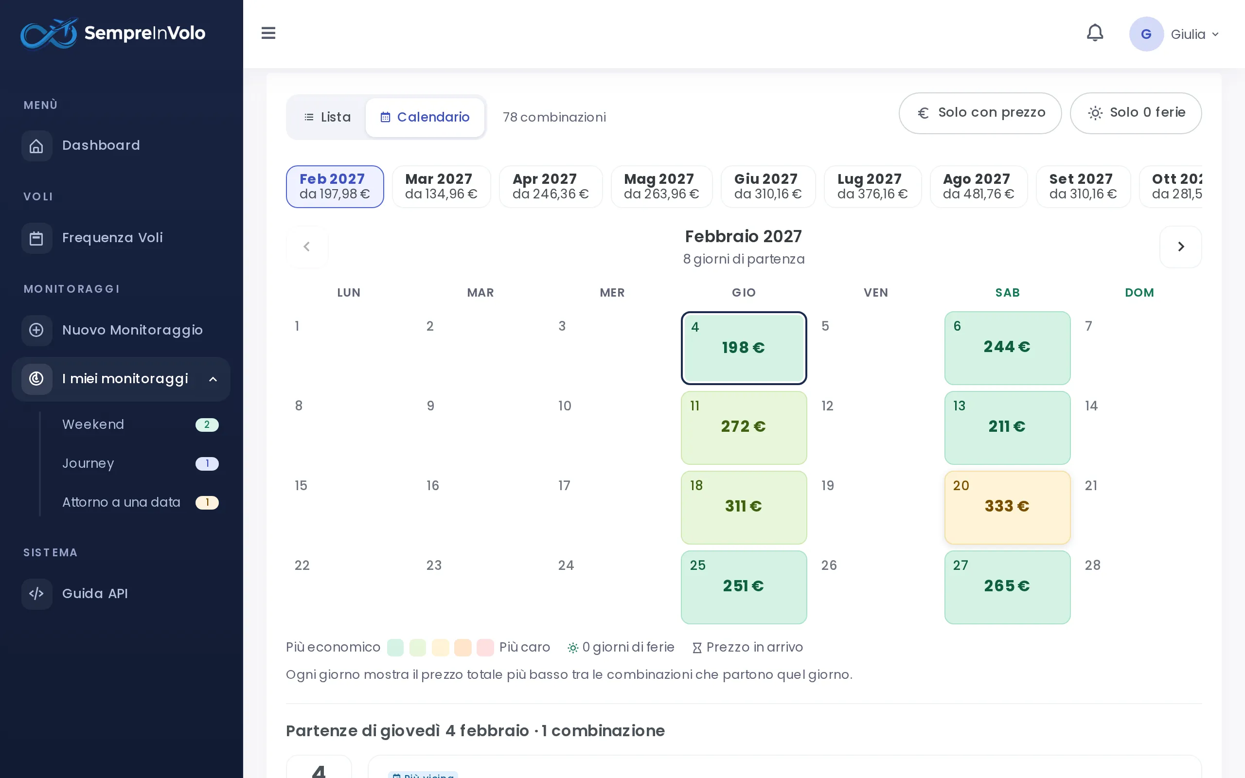 Calendar view with the lowest price of each departure day (Desktop)