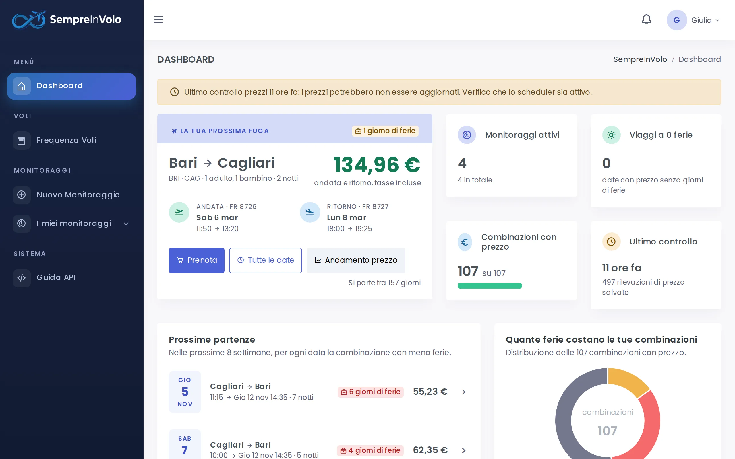 Dashboard with the recommended next getaway and statistics (Desktop)