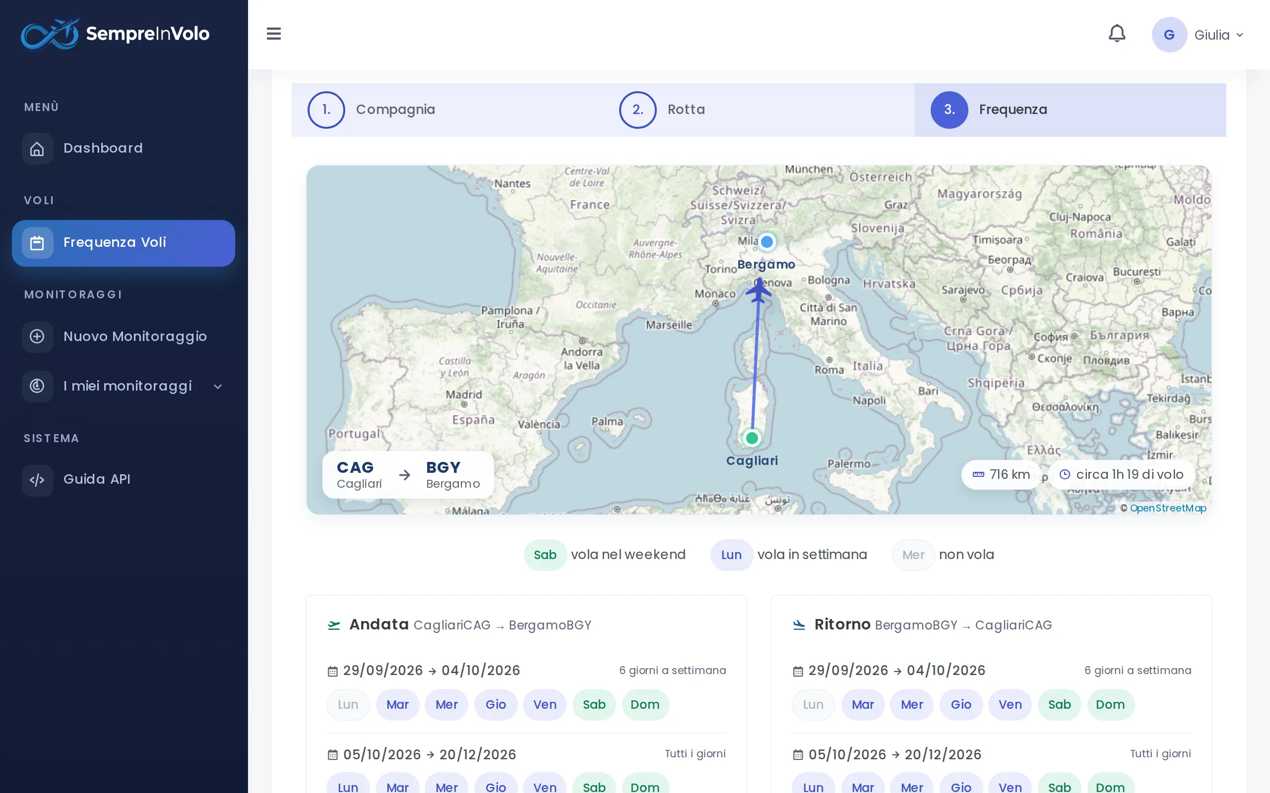Route map and the weekdays the route is operated (Desktop)
