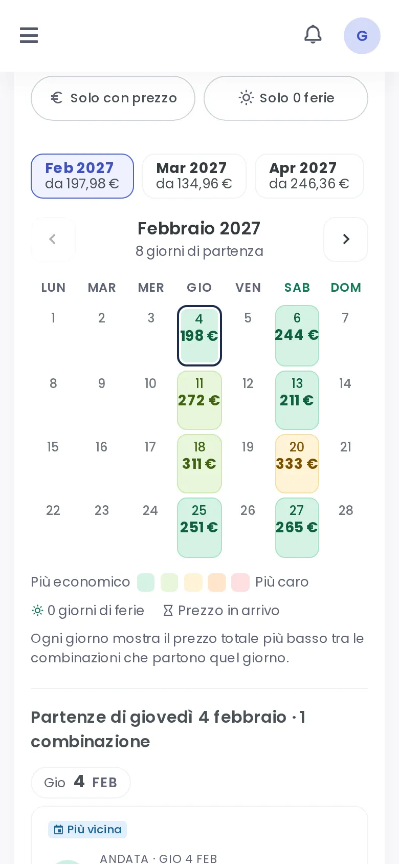 Calendar view with the lowest price of each departure day (Mobile)