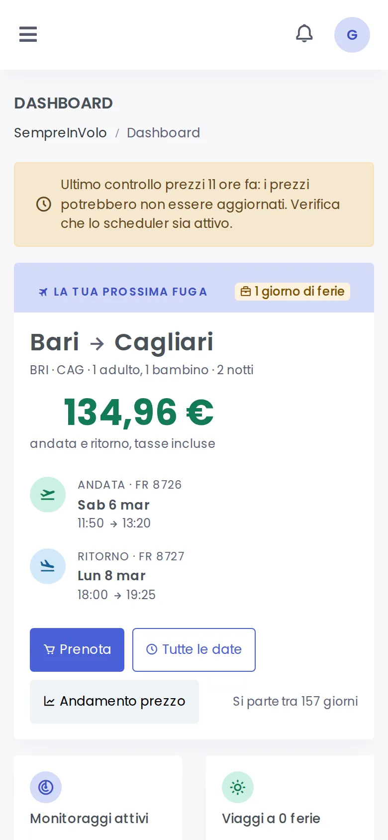 Dashboard with the recommended next getaway and statistics (Mobile)