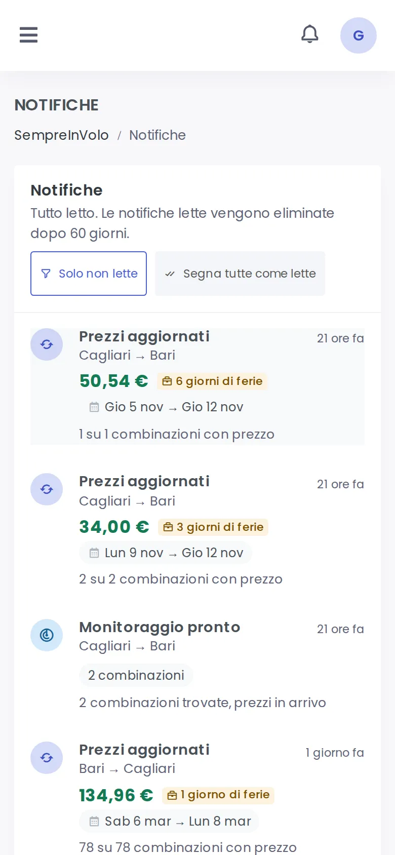 List of price drop and new low notifications (Mobile)