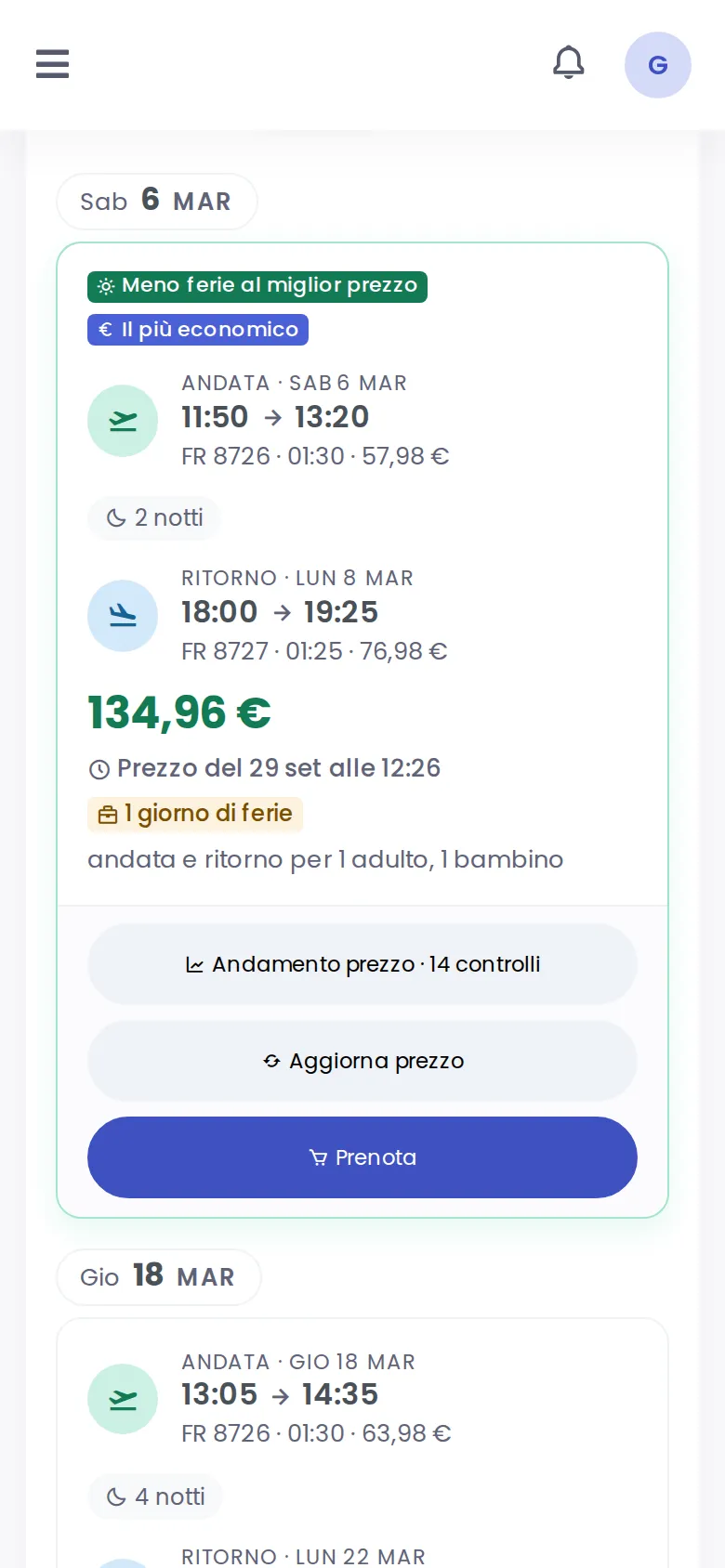 Timeline of flight combinations with prices and days off (Mobile)