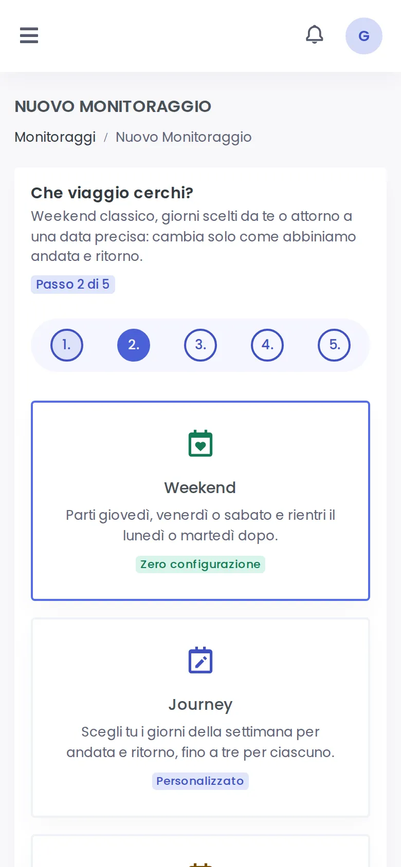Choosing the tracker type in the SempreInVolo wizard (Mobile)